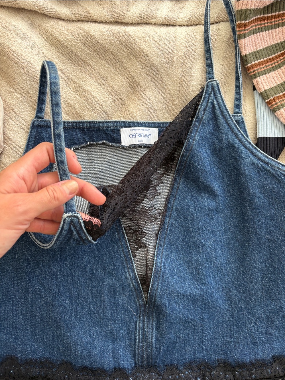 Off-White Blue Denim Slip shirt with Black Lace